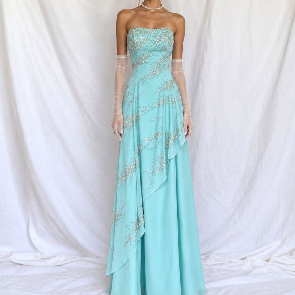 Vintage Y2K 90s Aqua Blue Strapless Beaded Tulle A-Line Maxi Prom Dress Size S